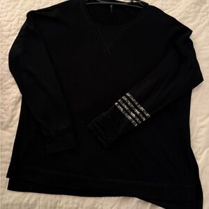 Pixilane Black Crew neck Long Sleeve Top with Striped brown on one Sleeve